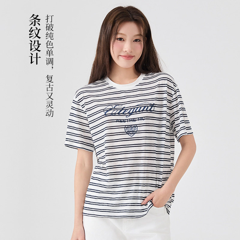 莱赛尔圆领条纹短袖t恤女春夏新款韩版宽松时尚百搭天丝上衣女