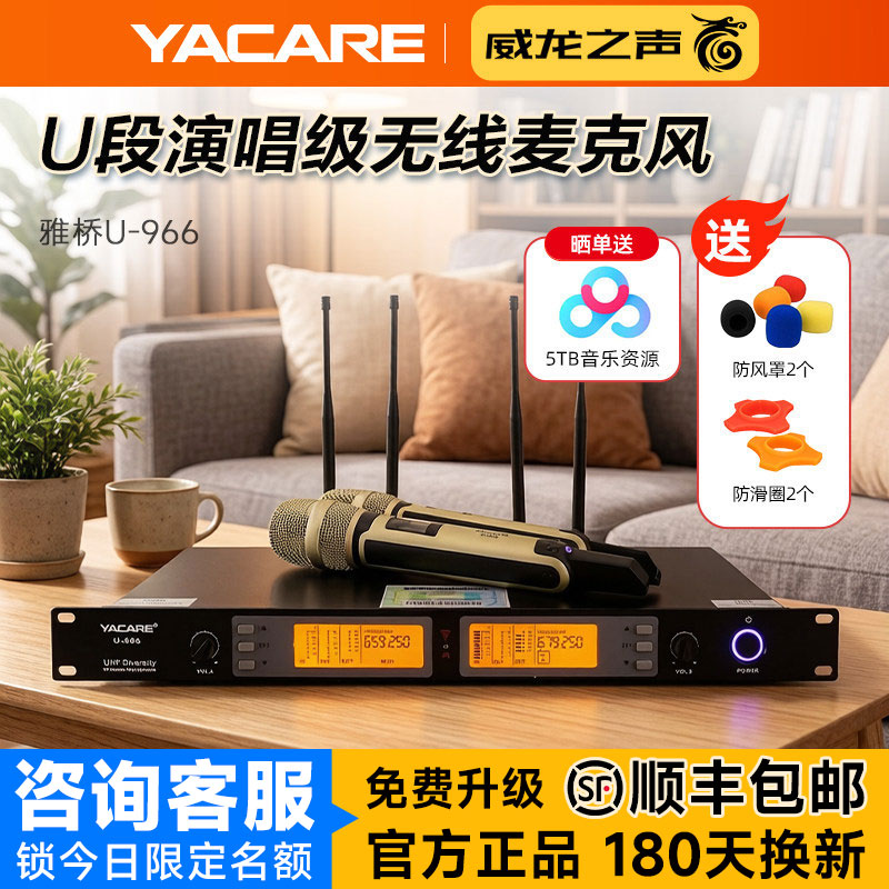 Yacare/雅桥 U-966无线话筒一拖二家用会议KTV直播麦克风k歌套装