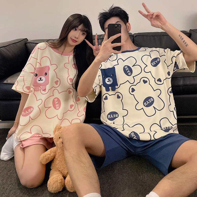 夏季情侣睡衣短袖女可外穿春夏家居服套装男士新款仿棉新款韩版