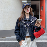 港风复古小翻领牛仔外套女秋季2025新款小个子短款时髦休闲夹克，女装牛仔外套，2D113