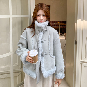 浅蓝色麂皮绒皮毛一体羊羔毛外套女秋冬2025新款温柔风减龄棉服图片