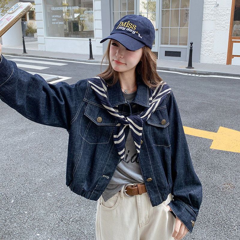 港风复古小翻领牛仔外套女秋季2025新款小个子短款时髦休闲夹克图片