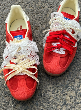 蕾丝鞋带阿迪德训鞋samba珍珠蝴蝶结鞋扣白色欧根纱ins芭蕾风配饰