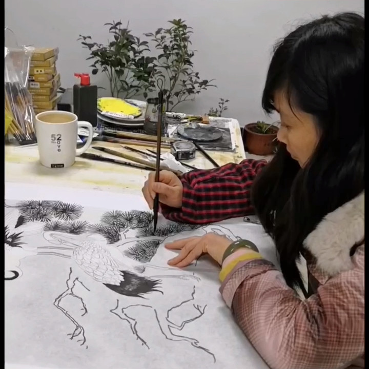 纯手绘名家国画工笔松鹤延年荷花牡丹装饰画厅堂祝寿字画定制画芯