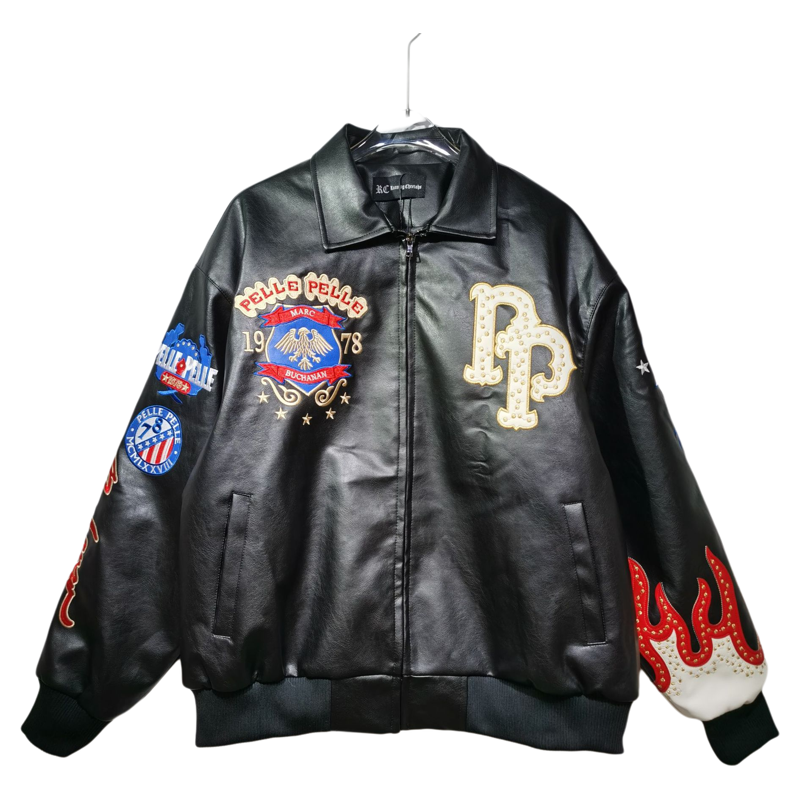 外贸棒球服刺绣pu皮袖拼接