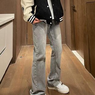 网红同款烟灰色牛仔裤男美式高街vibe潮牌弯刀休闲直筒微喇长裤子
