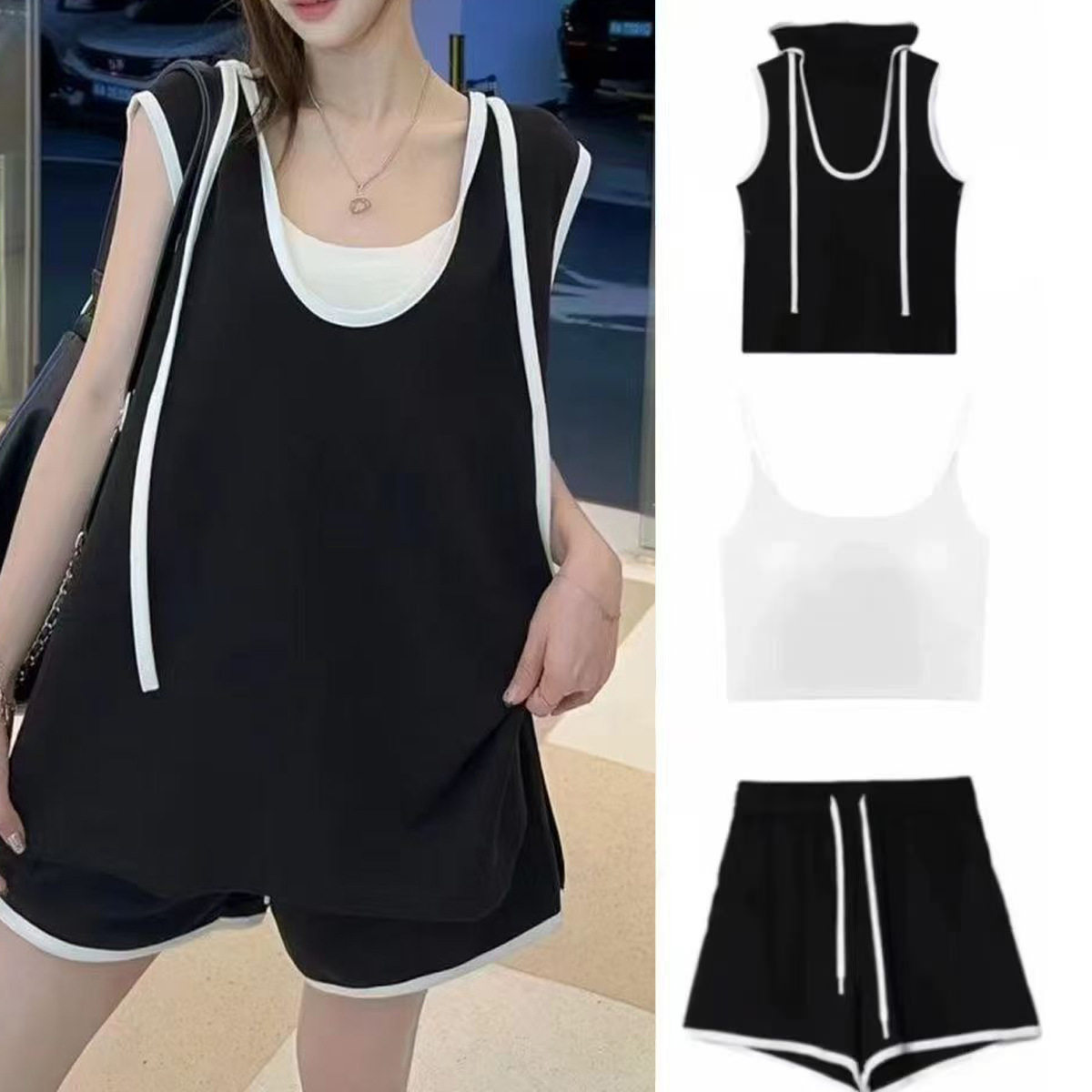 夏季运动服套装女2026新款时尚显瘦洋气宽松短袖短裤休闲三件套潮