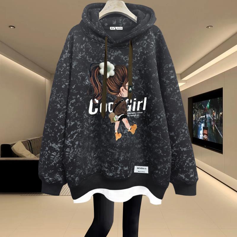 连帽卫衣女2025秋冬新款中长款假两件遮屁股加绒加厚宽松上衣外套