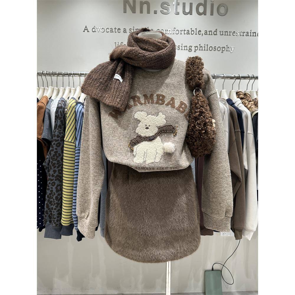 秋冬新款女装短外套宽松欧货重工刺绣小狗长袖套头圆领卫衣小个子