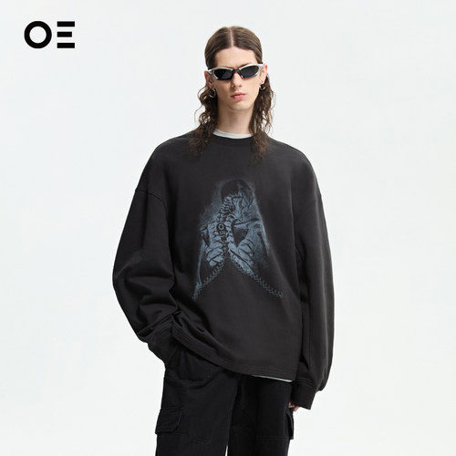 主题骨骼印花做旧复古重磅卫衣