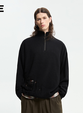 【明星同款】ORGANICEMOTION翻领羊毛镂空毛衣格纹假两件针织衫OE