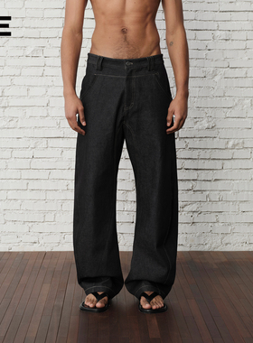 ORGANIC EMOTION经典百搭原牛立体剪裁弯刀丹宁黑直筒牛仔长裤OE