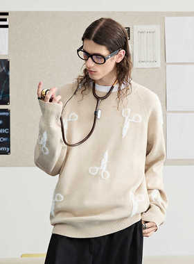 【明星同款】ORGANICEMOTION嵌花羊毛针织衫慵懒廓形斜拉链毛衣OE