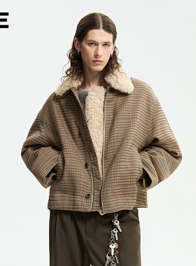 ORGANI EMOTION可拆毛领夹克千鸟格短款翻领棉服外套OE