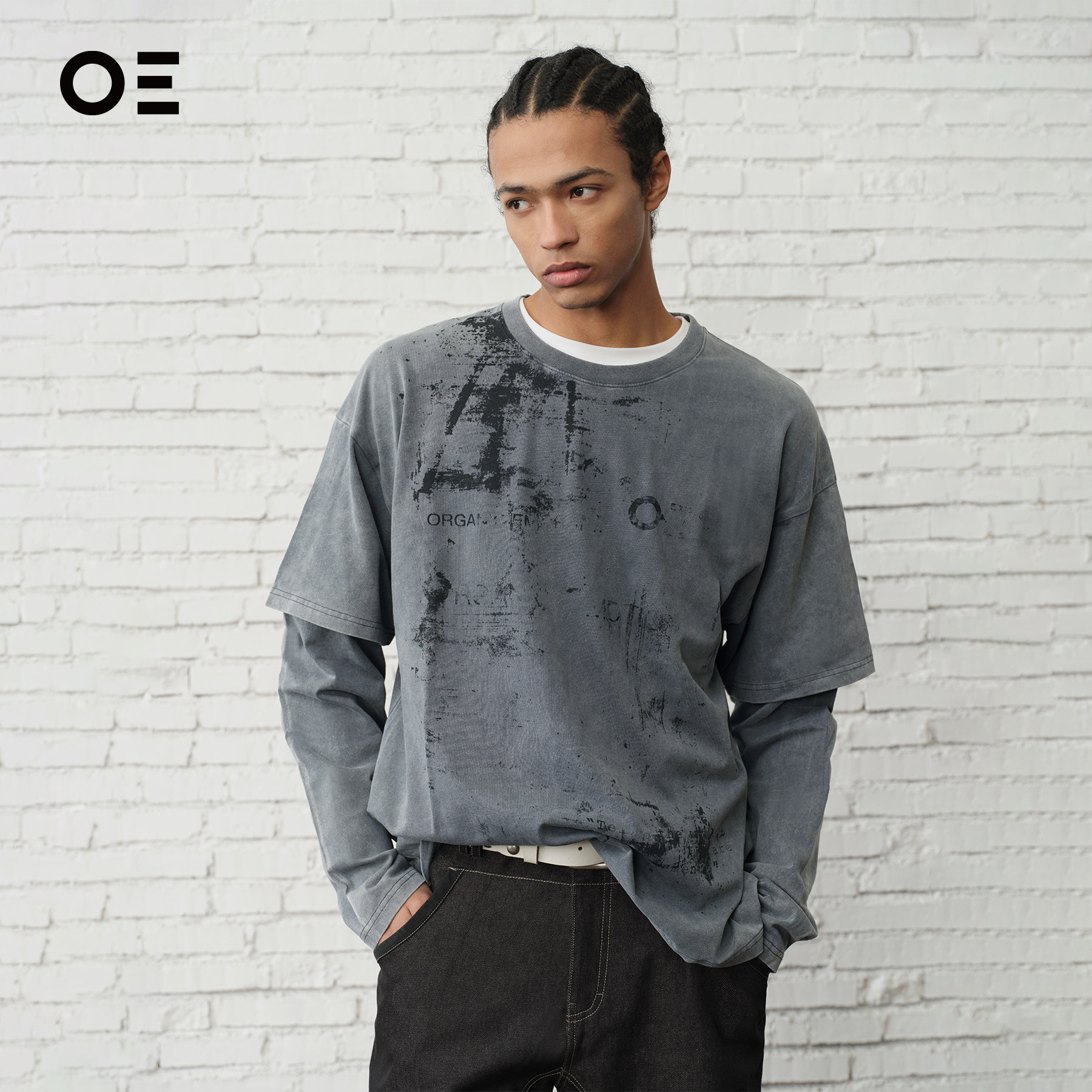 ORGANIC EMOTION复古DirtyFit做旧假两件长袖T恤OE【明星同款】