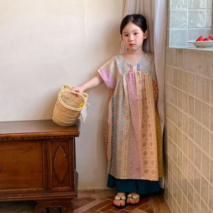 女童拼接田园波西米亚韩版 童裙2024夏款 V领连衣裙短袖 长裙