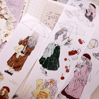 小白家文创盐铺新品花间少女轻复古盐系人物和纸PET切模手帐胶带