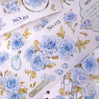 小白家文创新品【清露】轻复古蓝色玫瑰花卉和纸PET模切手帐胶带