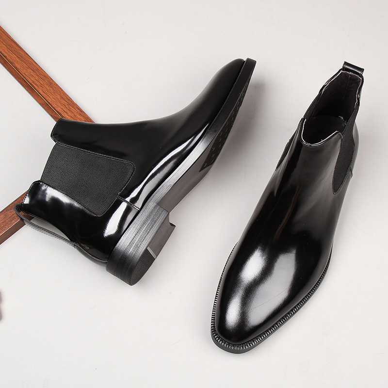 尖头商务短靴加绒亮皮男切尔西靴