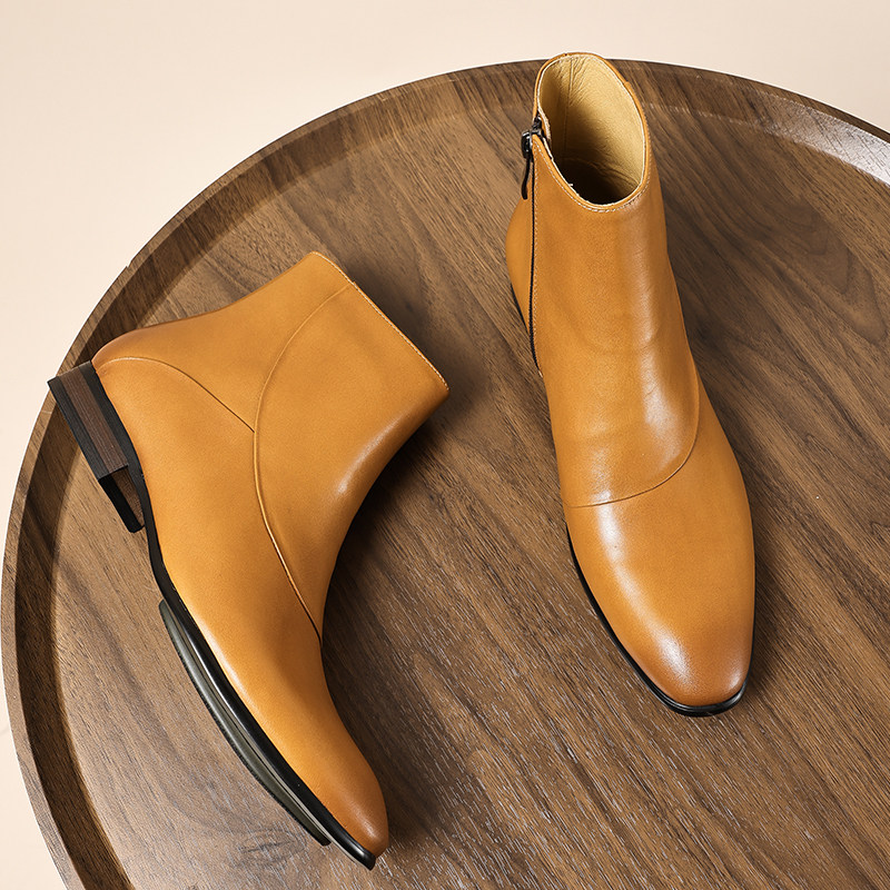 秋冬季韩版真皮男士短靴休闲时尚毛里尖头靴子加绒修身棕色正装靴