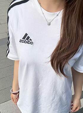 阿迪达斯adidas男女装夏季宽松休闲短袖纯棉半袖黑白色T恤 KU3922