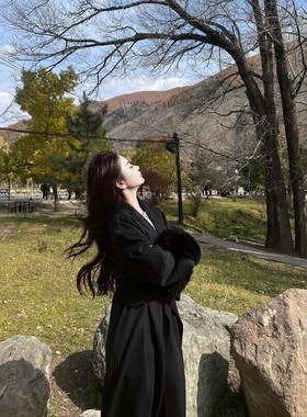 黑色双面羊绒大衣女2025秋冬新款高级感狐狸毛宽松气质羊毛呢外套