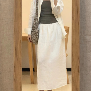 白色亚麻半裙套装女2026夏季新款气质防晒棉麻衬衫松紧腰直筒裤子
