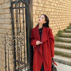 全羊毛红色大衣女高级感2024秋冬新款韩系宽松气质羊绒双面呢外套