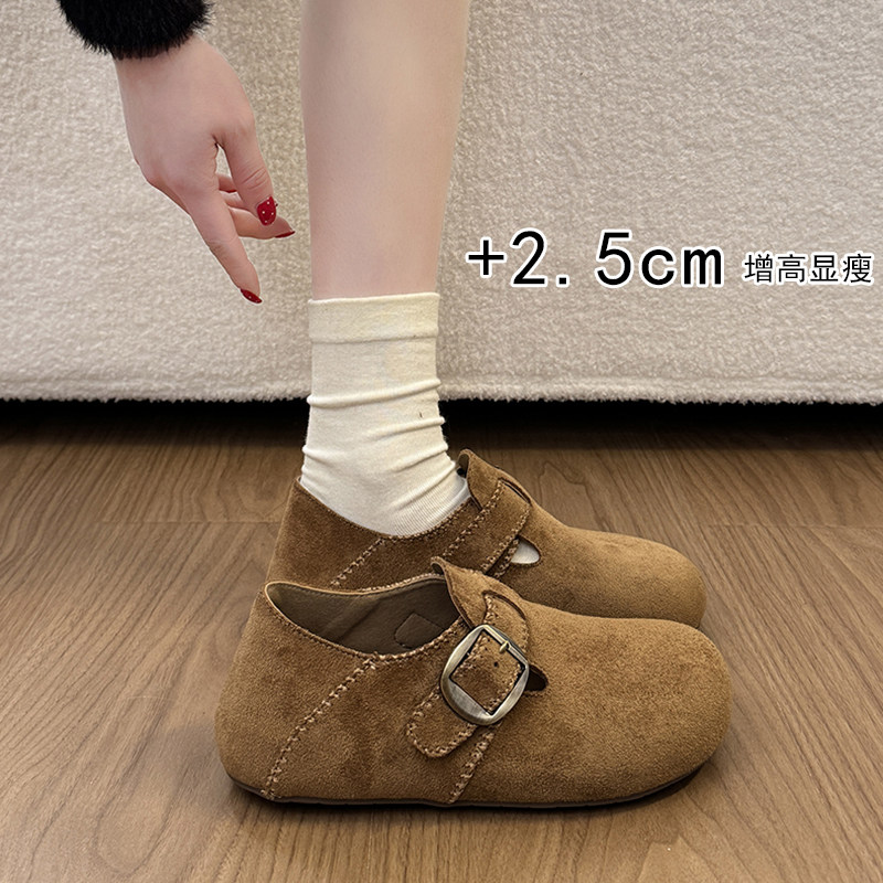 复古内增高全包勃肯鞋女款2026新款春季一脚蹬平底鞋磨砂乐福单鞋