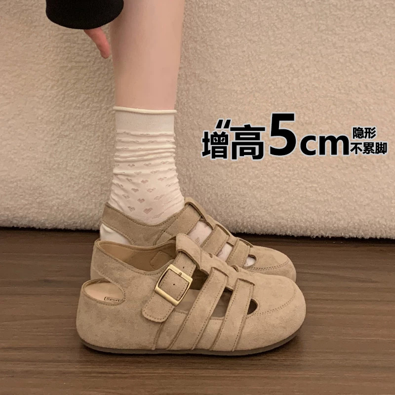 复古内增高5cm包头罗马凉鞋女2026夏季厚底勃肯鞋透气休闲鞋女