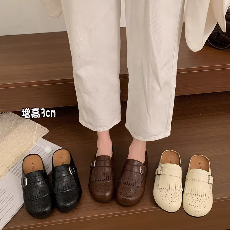 厚底流苏雕花布洛克皮面包头勃肯鞋女2026新款春一脚蹬半拖鞋外穿