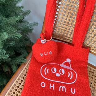 ohmu哦木节日大红羊羔毛单肩包原创设计刺绣毛呢大容量环保托特包