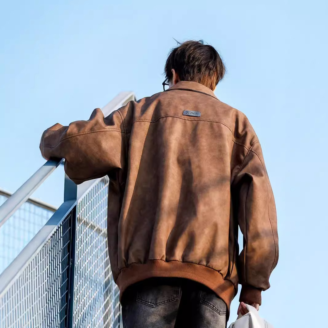 厂家直供美拉德棕色皮衣外套男春秋冬潮牌复古男生痞帅美式皮夹克