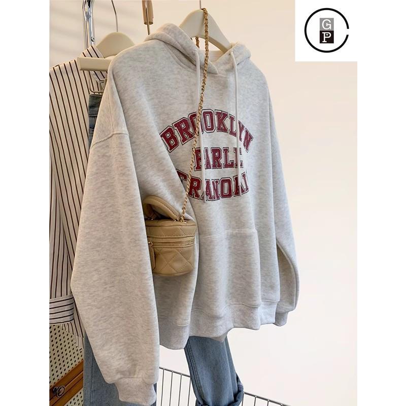 日系GP新款灰色字母连帽卫衣女爆款秋冬款加绒加厚百搭小个子上衣