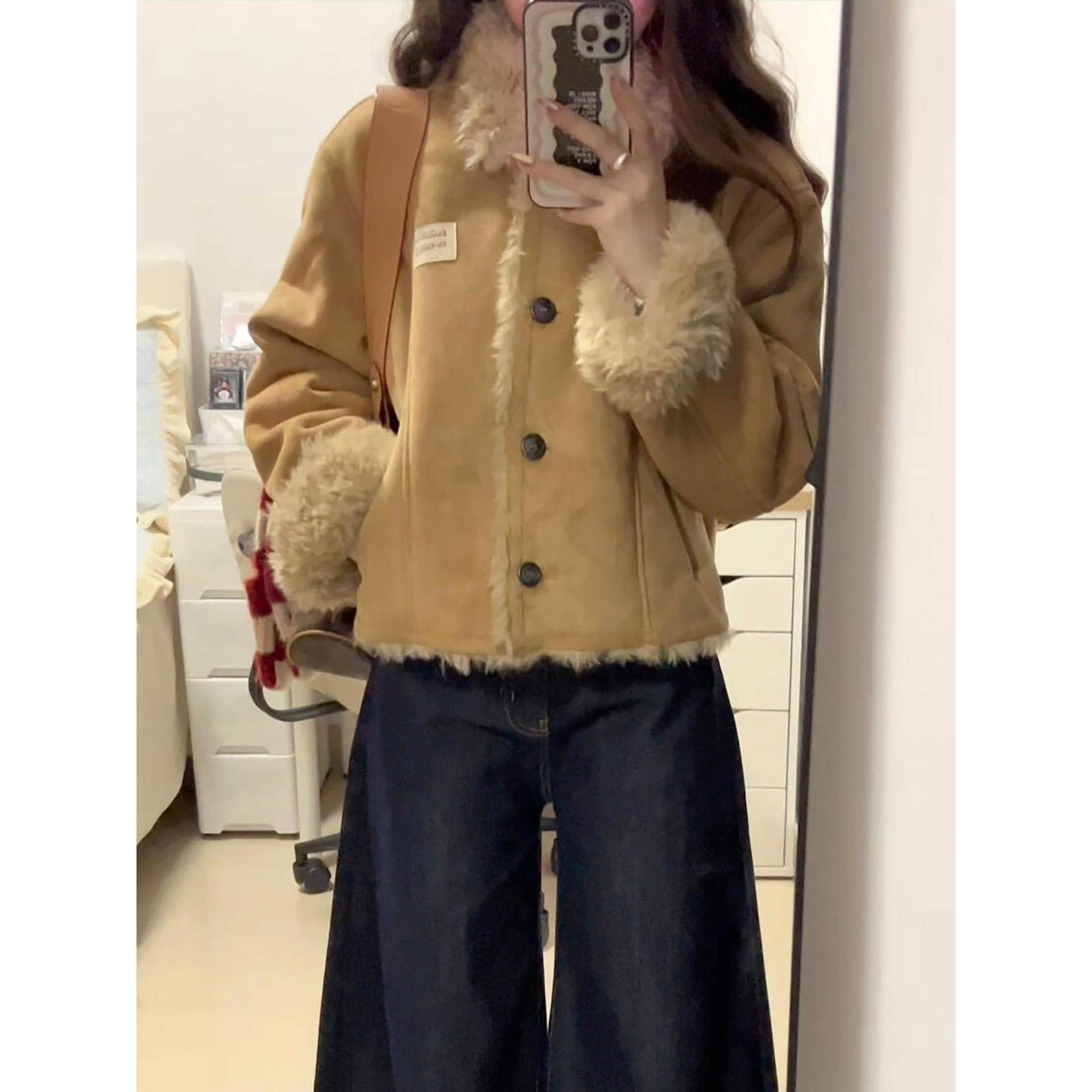 皮毛一体加厚外套女冬季2025新款短款小个子麂皮绒保暖羊羔毛棉服