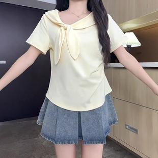 遮肉胖韩系别致蝴蝶结显瘦大码 甜美洋气减龄上衣 女恤短袖 夏季