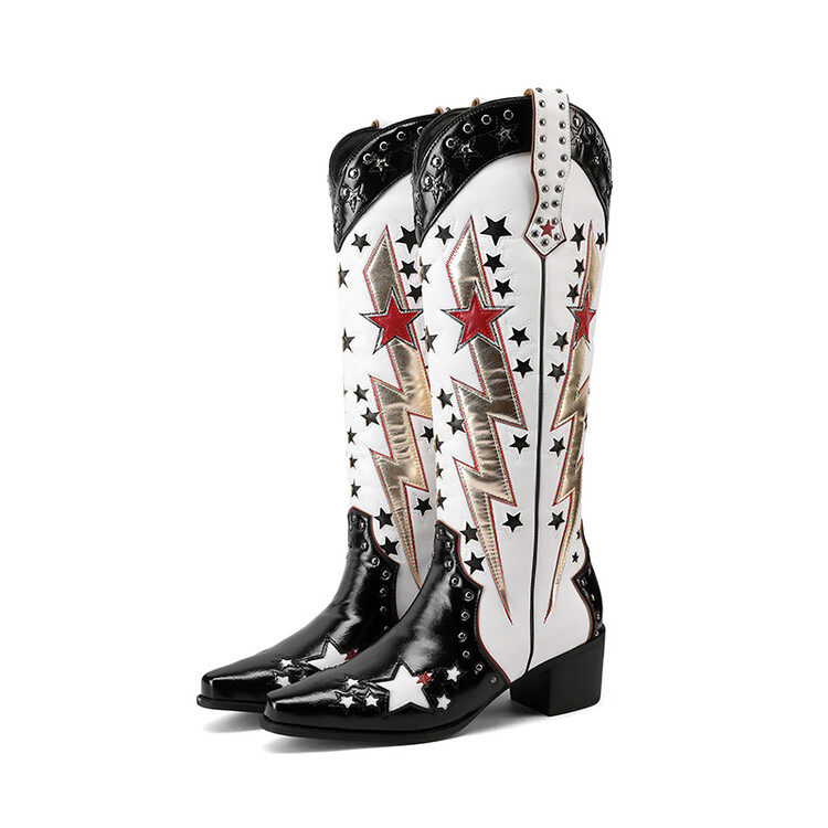 秋冬西部靴拼色白色铆钉中筒机车靴明星款网红外贸个性潮靴大码鞋,女鞋,西部靴,淘宝优惠券,粉丝福利购,淘宝优惠卷