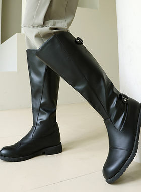 高筒靴女机车靴男女同款皮带扣时装靴超大码44 45 46