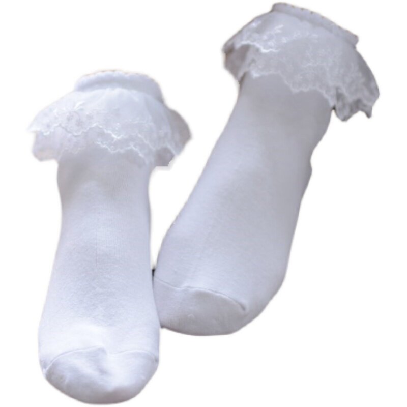 白色蕾丝花边棉袜子日系洛丽塔糖果色JK中筒堆堆袜双层纯棉小腿袜