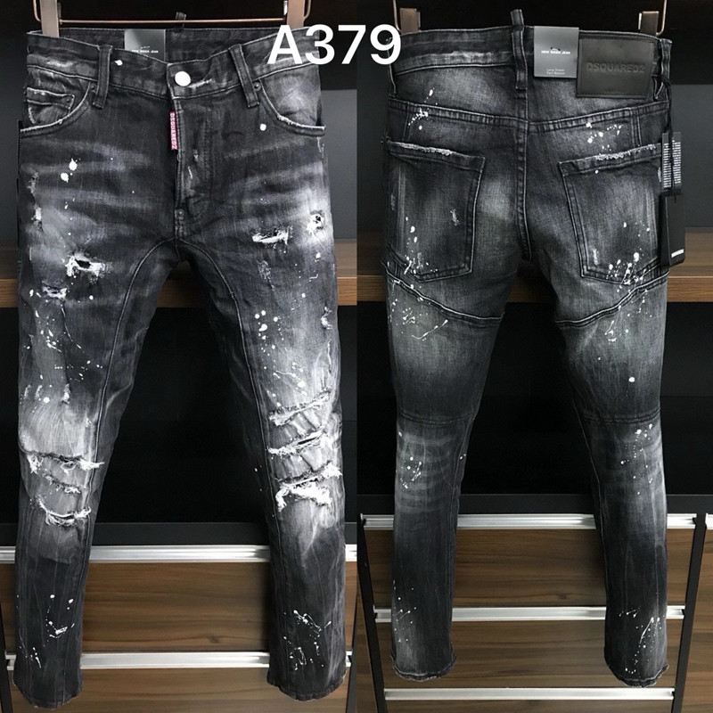 A379拼接款烫钻破洞D2潮高街男牛仔裤欧风磨破补丁小脚裤牛仔长裤