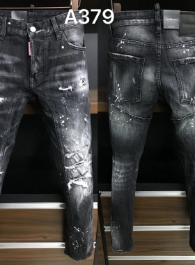 A379拼接款烫钻破洞D2潮高街男牛仔裤欧风磨破补丁小脚裤牛仔长裤
