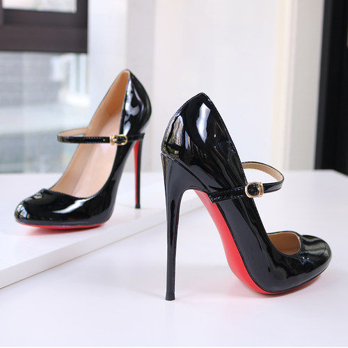 黑色圆头细高跟单鞋一字扣浅口鞋