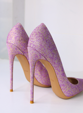 紫色超浅口尖头高跟鞋细跟气质宴会定制法式大码反串CD亚麻亮丝布
