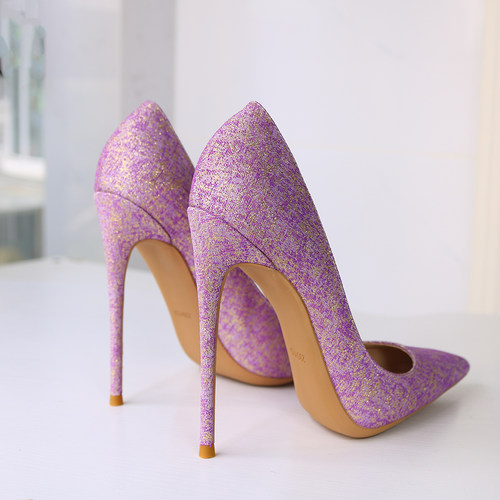 紫色超浅口尖头高跟鞋12CM大码