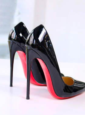 黑色尖头高跟鞋细跟定制红底单鞋超浅口欧美明星款漆皮宴会CD大码