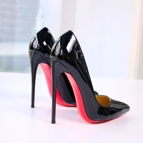 黑色漆皮尖头高跟鞋细跟红底单鞋