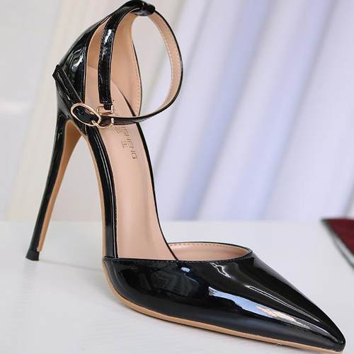 一字带超细跟高跟鞋漆皮中空性感