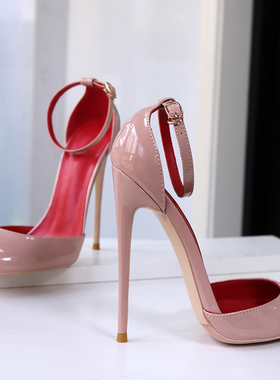 红里裸色漆皮中空一字带圆头凉鞋超浅口高跟鞋大码CD变装性感13CM
