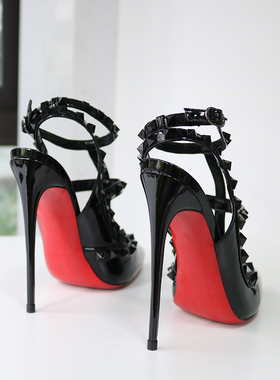 罗马风格铆钉尖头超高跟凉鞋红底细跟扣带性感夜店定制大小码13cm