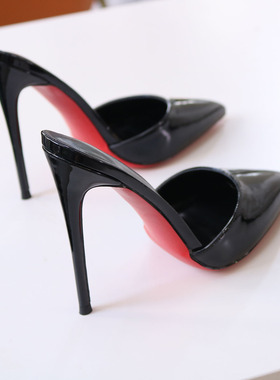 细高跟尖头拖鞋红底黑色漆皮细跟定制大小码性感夜店反串包头13CM